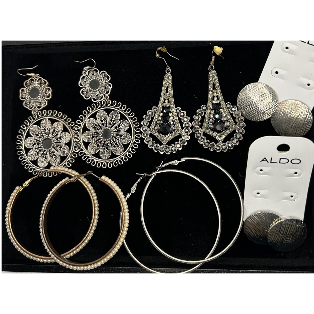 Silver Tone Filigree Flower Hoop Rhinestone Pearl earrings 6 pairs‎